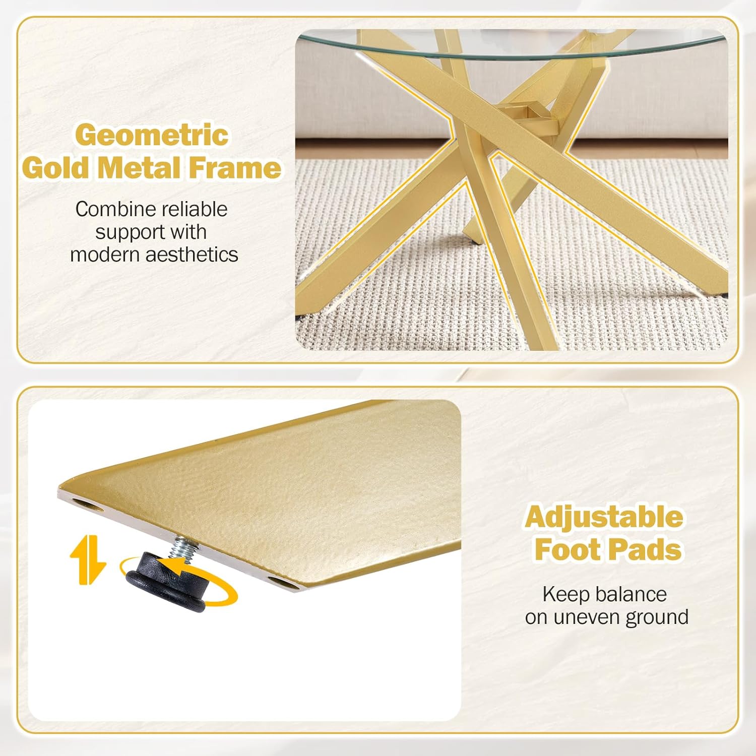 Giantex Round Glass Coffee Table, 31.5" Modern Center Table with Tempered Glass Top & Geometric Metal Frame, Clear Accent Cocktail Table, Small Coffee Table for Living Room, Small Spaces (Gold)