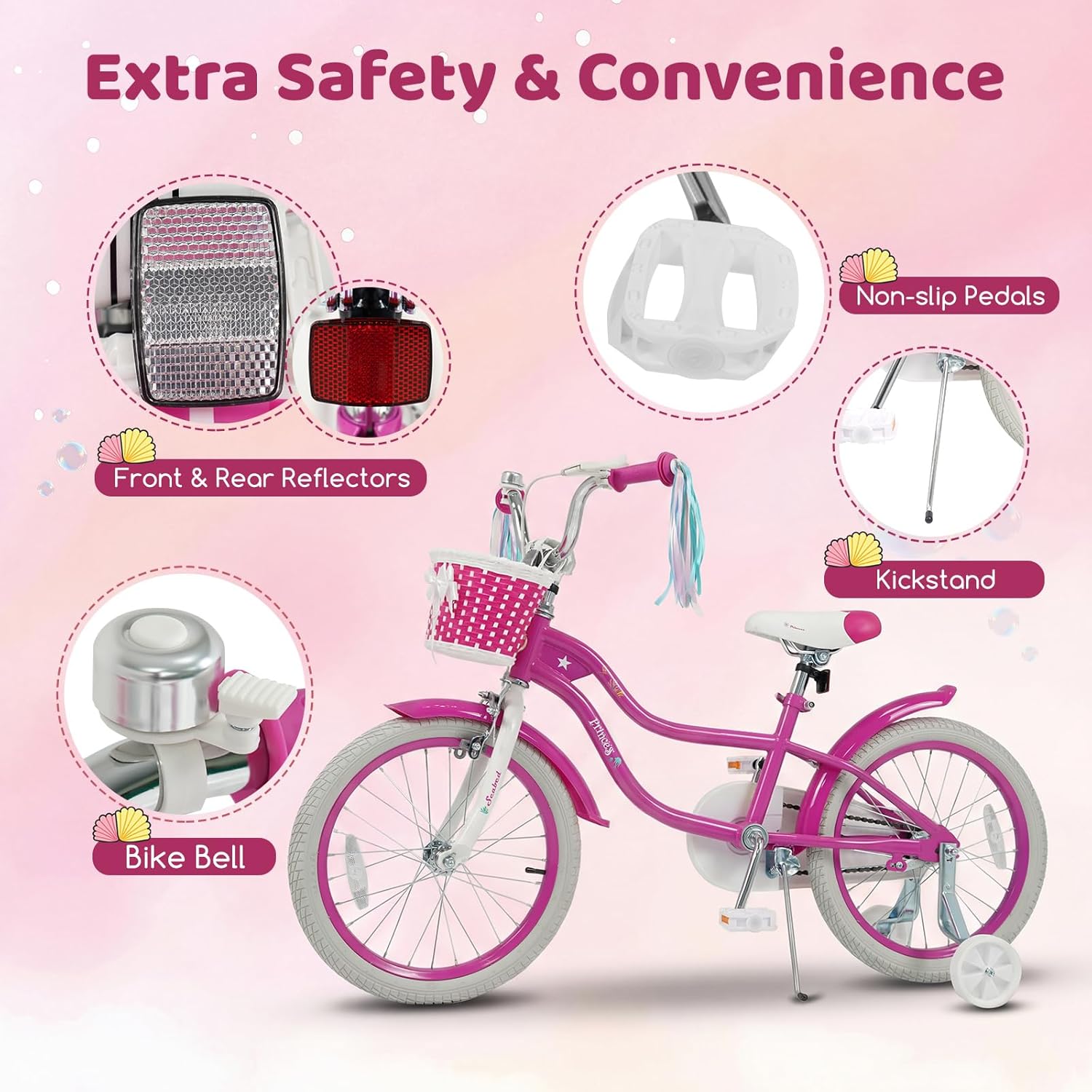 BABY JOY Kids Bike, 12" 14" 16" 18" Mermaid Girls Bike for 3-8 Years Old w/Basket, Training Wheels, Hand & Coaster Brakes, Adjustable Seat & Handlebar, 20" Children Bicycle with Kickstand for 8+