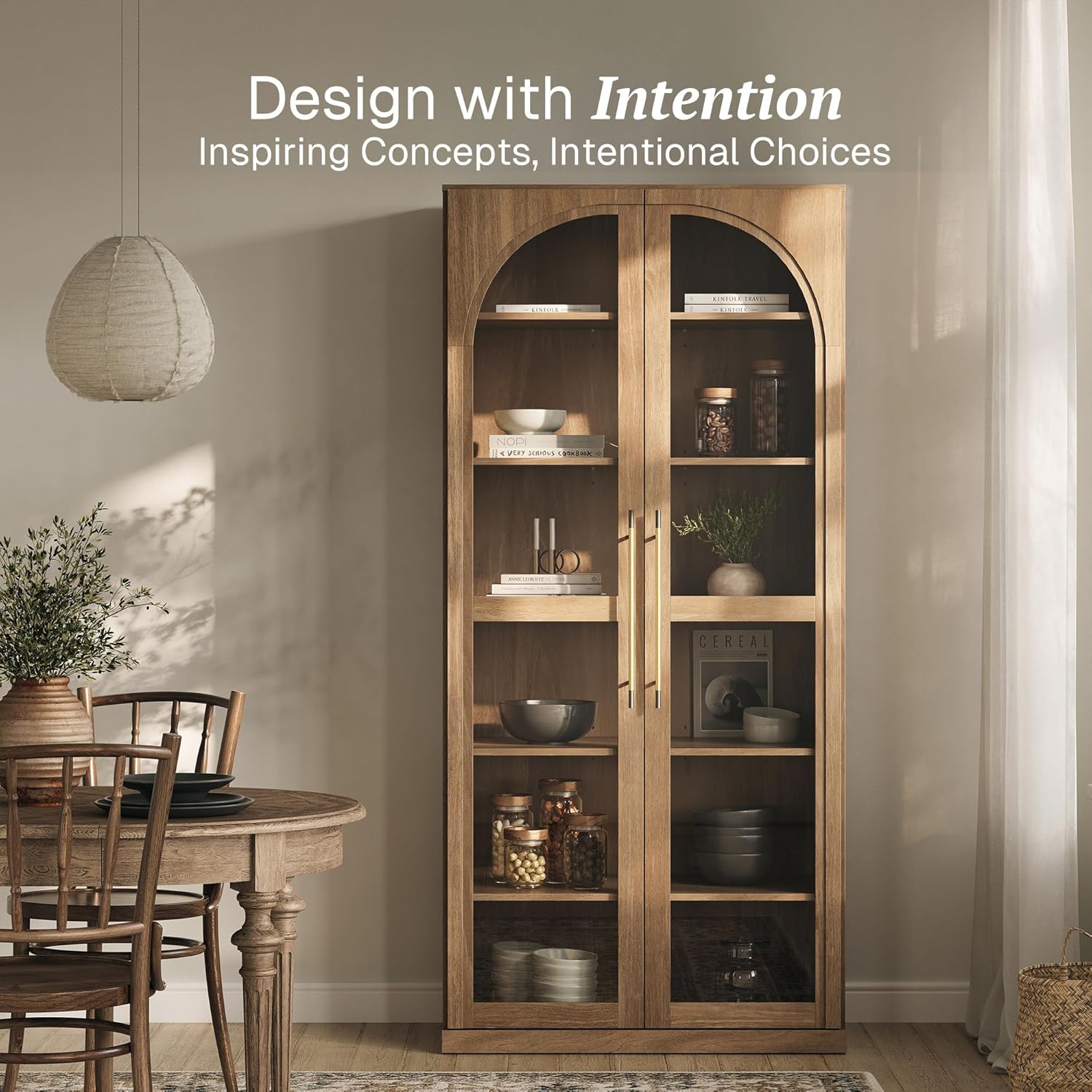 BELLEZE Modern Wood Wine Curio Cabinets with 4 Adjustable Shelves, 67" Storage Cabinet, 6 Shelf Glass Bookshelf Display Cabinet, Trophy Display Case for Living Room, Wine, Camel