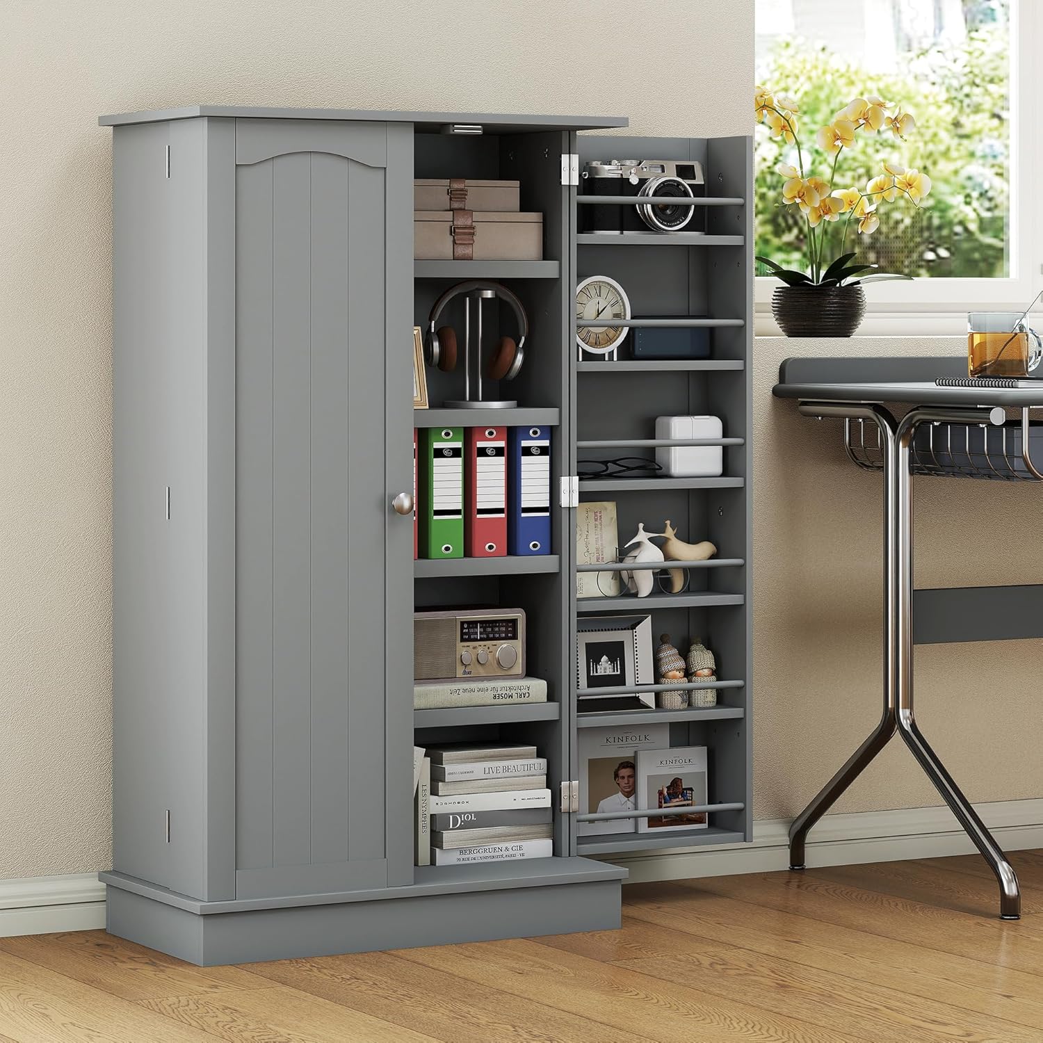 HOMCOM 41" Kitchen Pantry Storage Cabinet, Freestanding Kitchen Cabinet with 12 Door Shelves, Double Doors, 5-Tier Shelving and Adjustable Shelves, Gray