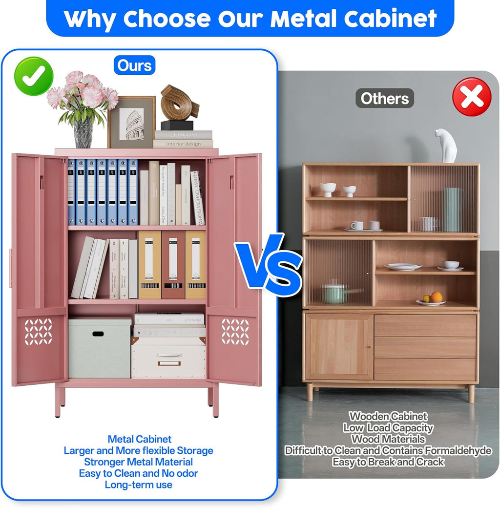 Metal Storage Cabinet with Adjustable Shelves,Metal Sideboard Cabinet with 2 Doors for Home,Office, 42" H x 26" W x 14" D,Assembly Required,Pink