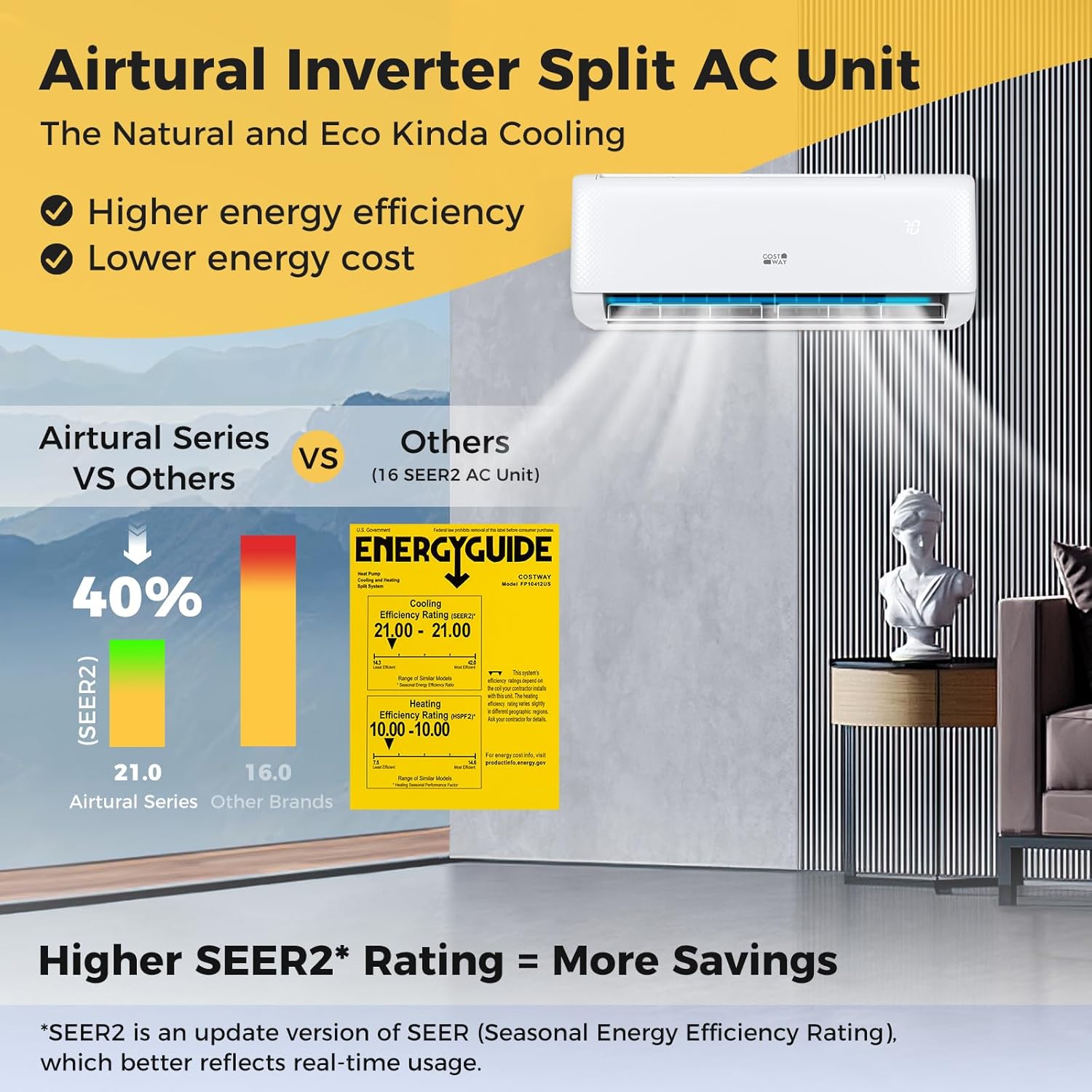 COSTWAY 12,000 BTU Mini Split Air Conditioner, with Heat Pump, Energy Star, 21 SEER2 Inverter, 24H Timer, Auto Clean, Remote Control for Rooms up to 750 Sq.Ft, 208-230V (Airtural Series)