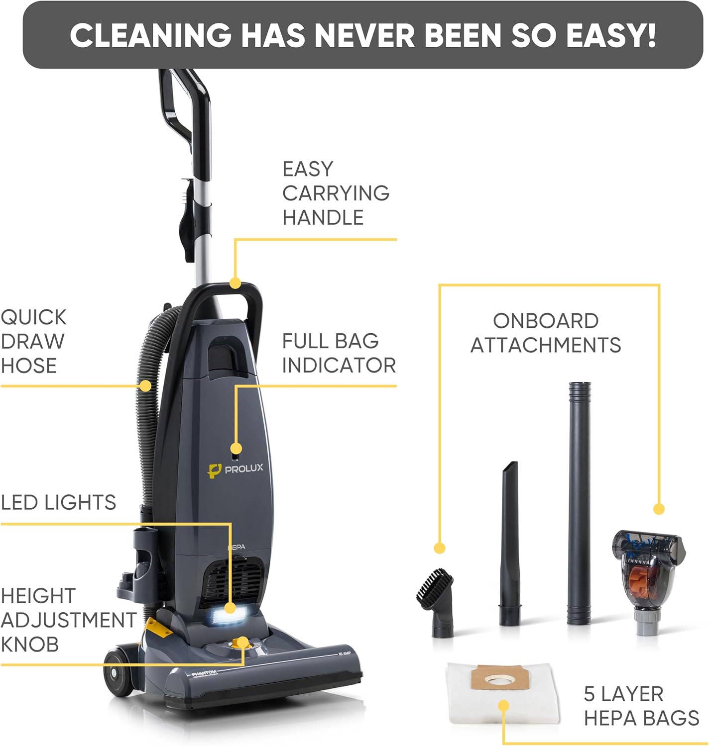 Prolux Phantom Pro Commercial Upright Vacuum Cleaner – HEPA Filtration, Bagged, High-Suction, Deep Cleaning, Lightweight with Onboard Tools only 12lbs Ideal for Business, Professional & Industrial Use