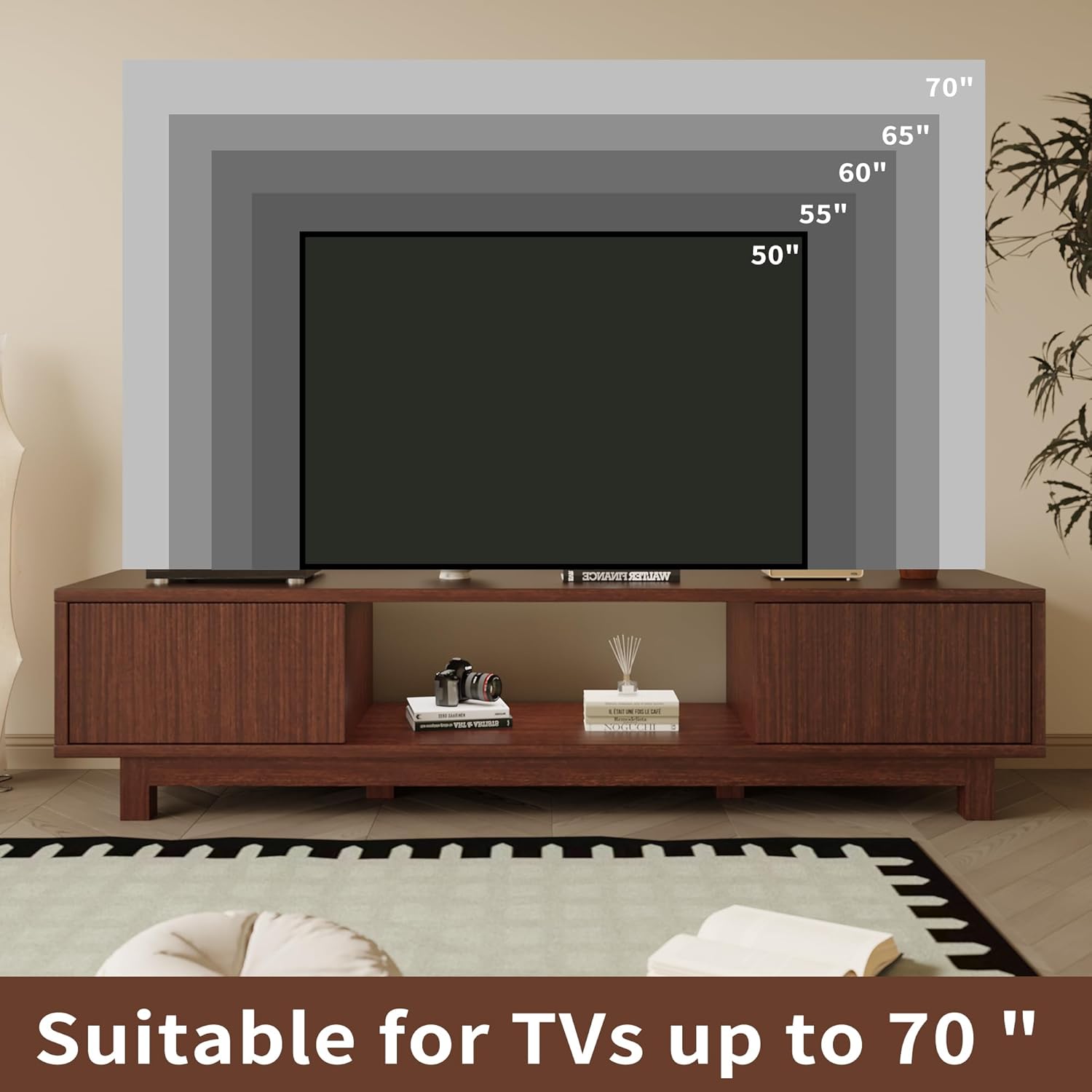 Maggym 70″ TV Stand with Storage, Modern Media Console with 2 Doors and Open Shelves, Entertainment Center for Living Room, Walnut