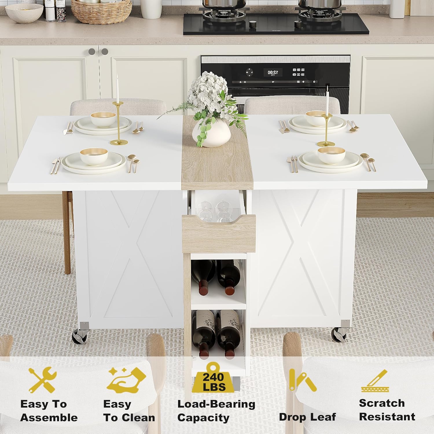 Space Saving Folding Dining Table with 2 Tier Storage-Extendable Drop Leaf Farmhouse Wood Kitchen Dining Room Tables Set for 4, Folding Kitchen Table with 6 Wheels, (Pear Wood Color and White)
