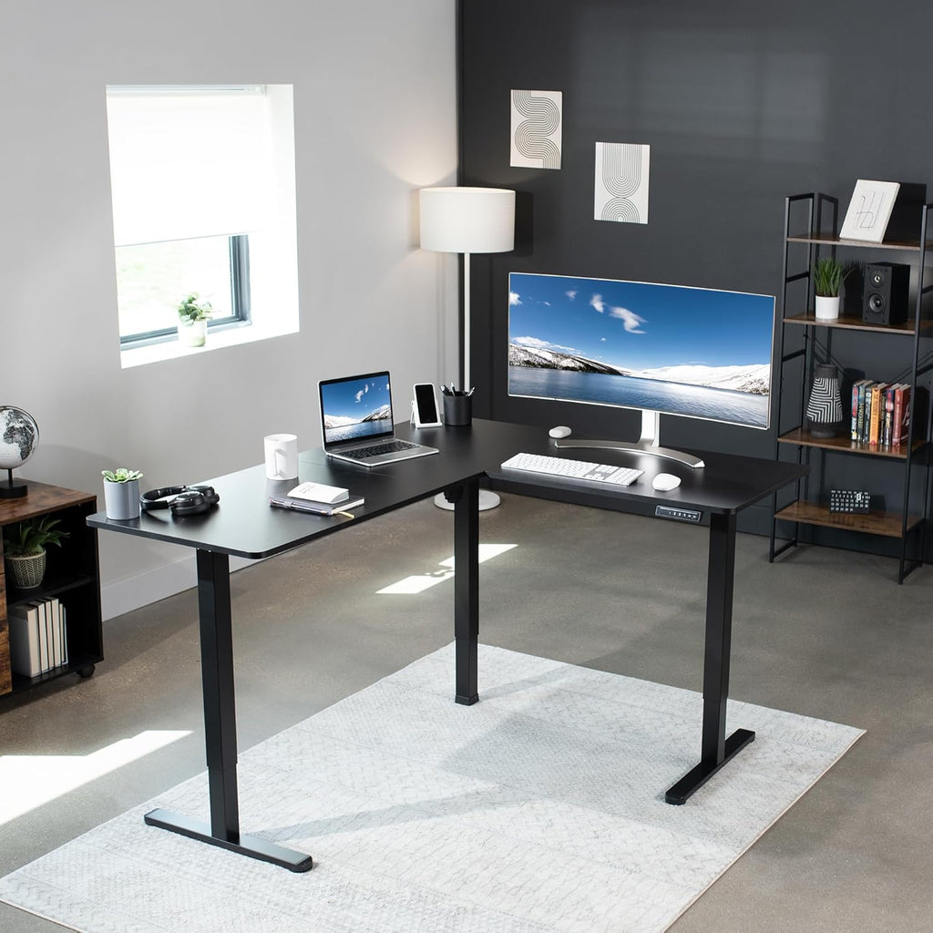 VIVO Corner Standing Desk, 63 x 55 inch Reversible L-Shaped Workstation, Electric Height Adjustment, Home, Office, and Reception Rooms, Black Table Top Black Frame, DESK-E3CTB