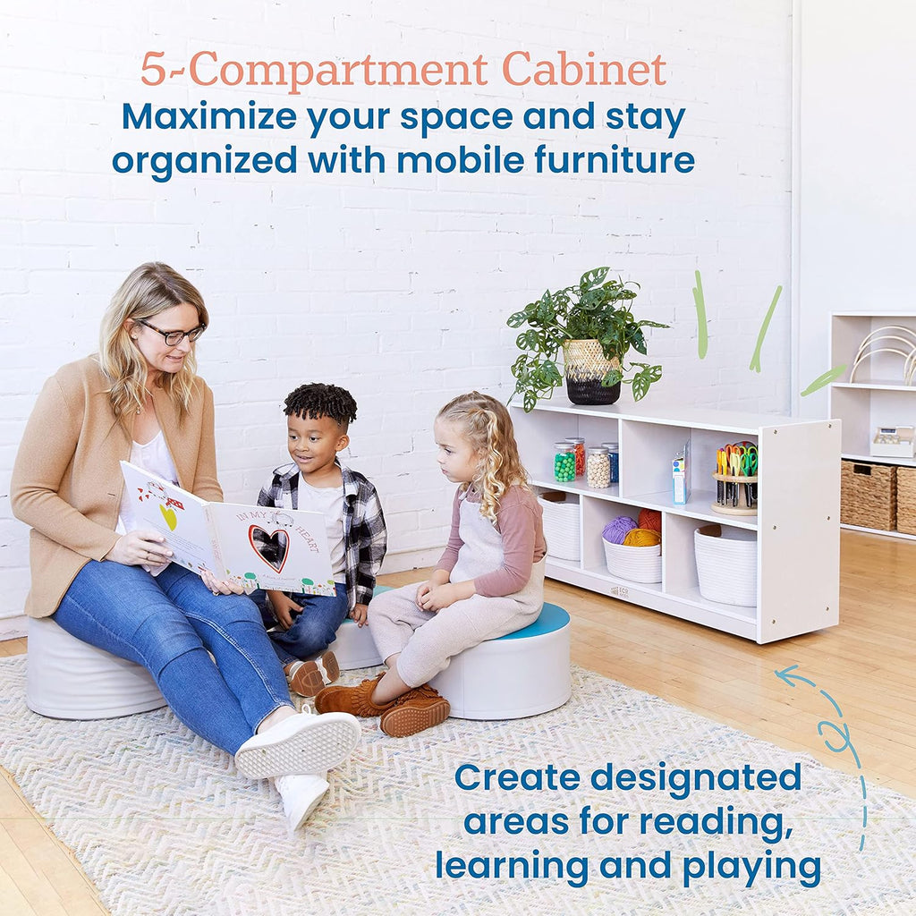 ECR4Kids 5-Compartment Mobile Storage Cabinet, Toddler, Classroom Furniture, White Wash