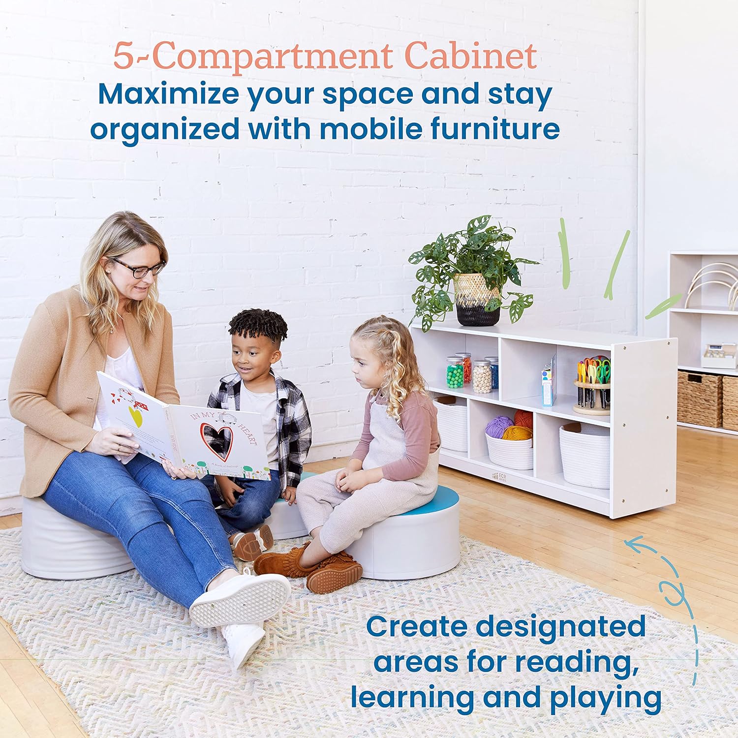 ECR4Kids 5-Compartment Mobile Storage Cabinet, Toddler, Classroom Furniture, White Wash