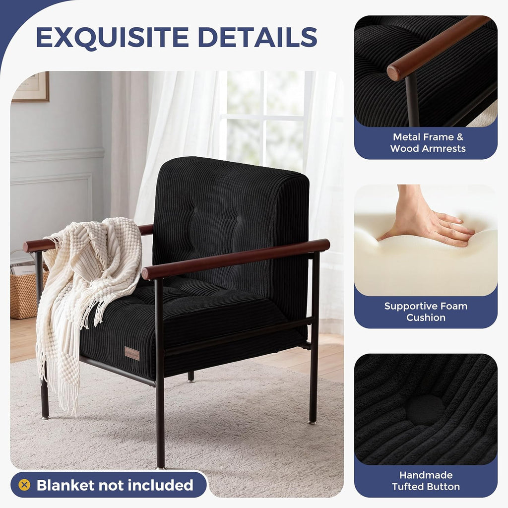 MAXYOYO Living Room Accent Chair, Modern Chair with Sturdy Metal Frame & Wood Armrests, Upholstered Reading Chair with Upholstered Cushion for Bedroom Balcony Porch, Black
