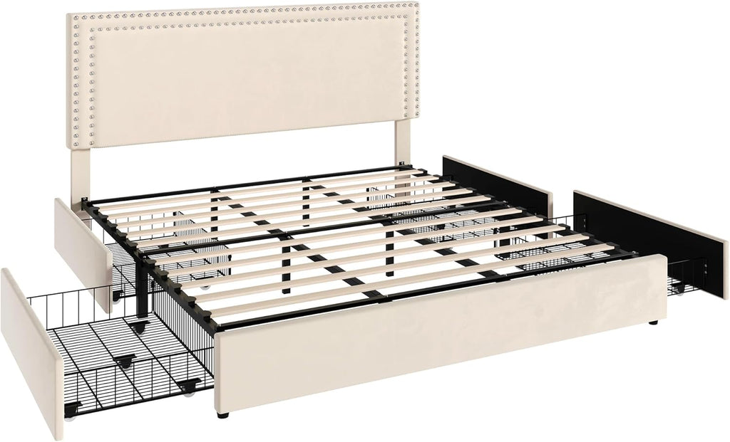 VECELO King Size Upholstered Platform Bed Frame with 4 Storage Drawers, Adjustable Velvet Rivet Decor Headboard, Wooden Slats Support, No Box Spring Needed, Easy Assembly