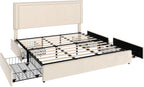 VECELO King Size Upholstered Platform Bed Frame with 4 Storage Drawers, Adjustable Velvet Rivet Decor Headboard, Wooden Slats Support, No Box Spring Needed, Easy Assembly