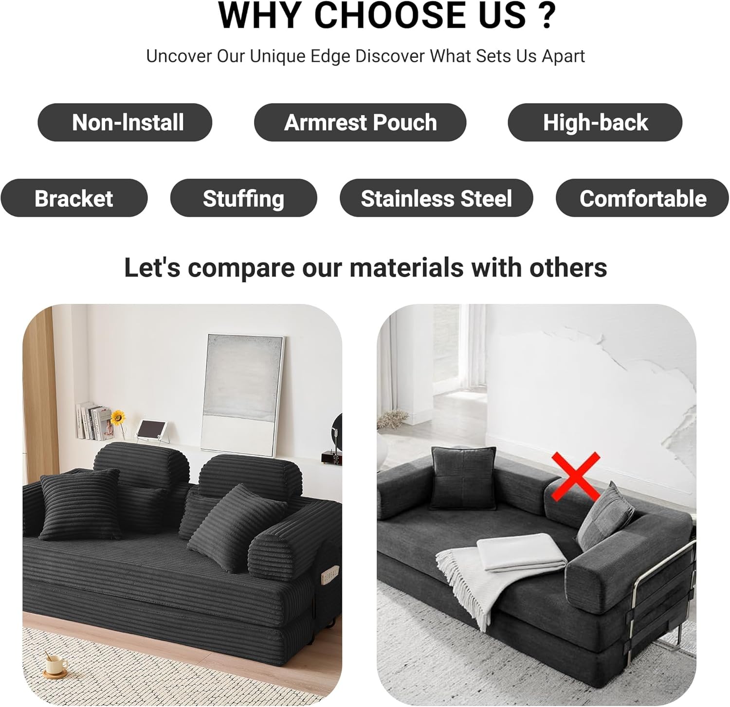 79" Boneless Couch with High Backrest Headrest, Comfy Modular Foldable Floor Sleeper Sofa, 5-in-1 Convertible Sofa Bed for Living Room, Bedroom, Lounge, Studio, Black