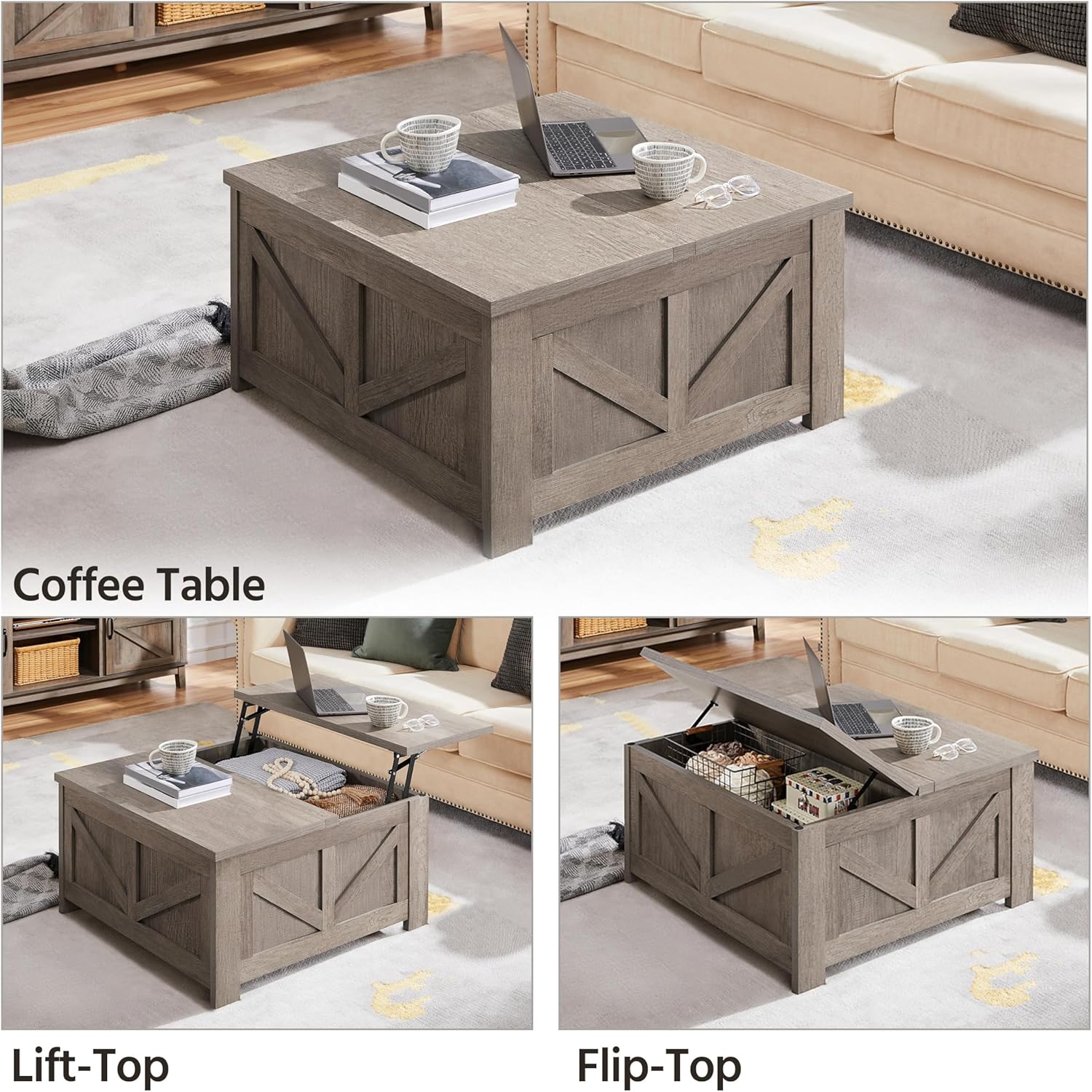 Yaheetech Lift Top Coffee Table, Square Farmhouse Coffee Table with Hidden Storage Compartment, Wood Center Table for Living Room, Home Office, Gray