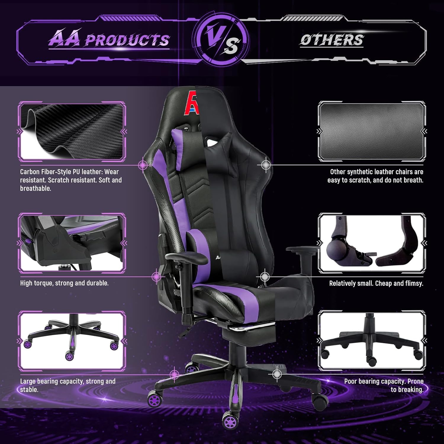 AA Products High Back Ergonomic Gaming Chair with Footrest, Lumbar Support, Swivel, Adjustable for Gamers - Black/Purple