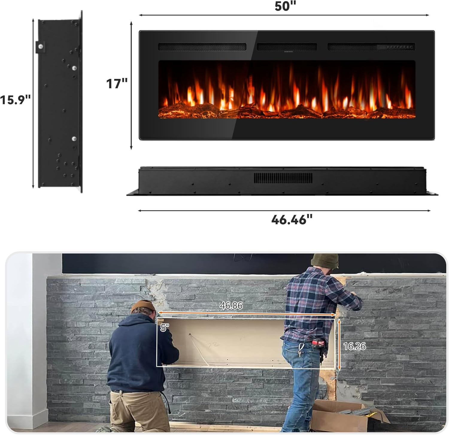 Manastin 60" Ultra-Thin Electric Fireplace Recessed and Wall Mounted with Remote Control, 12 Adjustable Color Fireplace Heater(60-99°F Thermostat), Low Noise, Timer, Child Lock