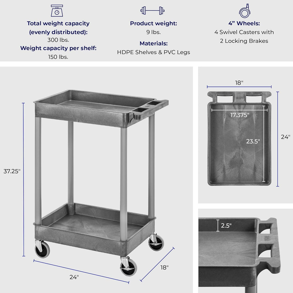 Stand Steady Tubstr Compact 2 Shelf Utility Cart | Made in USA | Space-Saving Tub Cart Holds Up to 300 lbs | Storage & Rolling Tool Cart for School, Office, Garage & Warehouse (24 x 18in / Gray)