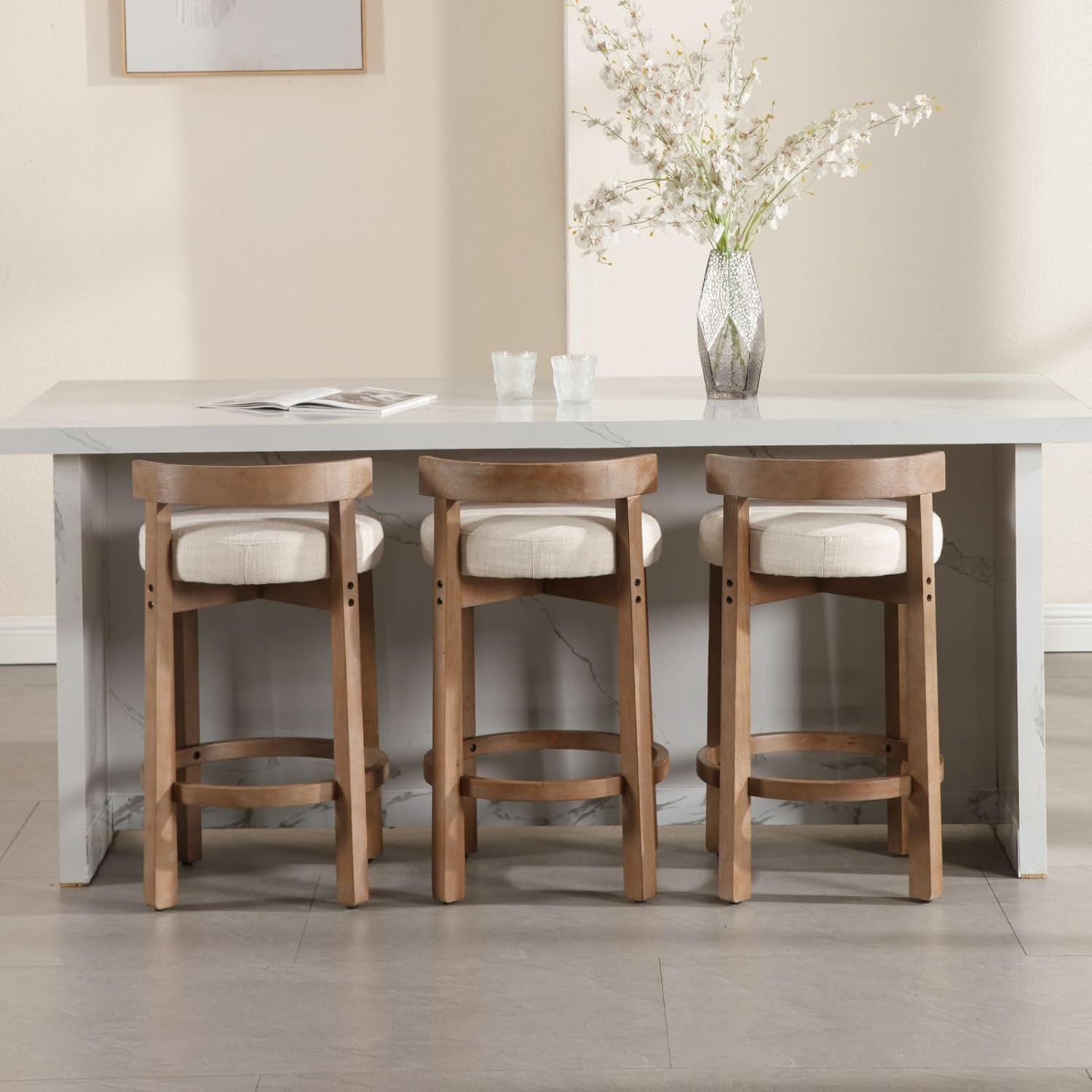 LukeAlon Mid Century Linen Counter Stools Set of 3, Upholstered 26.5" Seat Height Low Barstools with Natural Wood Legs Round Low Back Kitchen Stools with Footrest for Dining Room, Beige