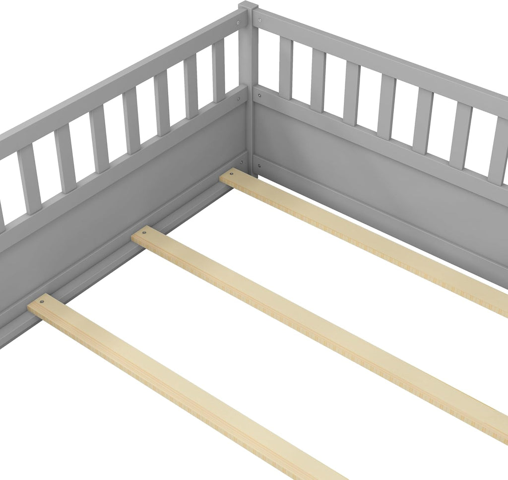 Full Floor Bed with Slats, High Fence and Door, Montessori Floor Bed Full Size, No Box Spring Needed, Easy Assemble Floor Bed(Gray Full)