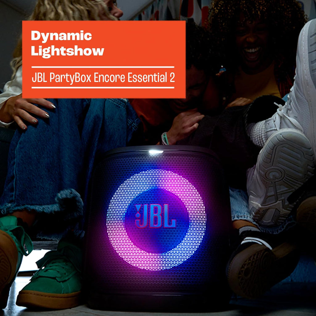 JBL PartyBox Encore Essential 2 - Portable Battery-Powered Party Speaker with AI Sound Boost  Up to 15 Hours of Play time  IPX4 Splash Proof  and Multi-Speaker Connection by Auracast (Black)