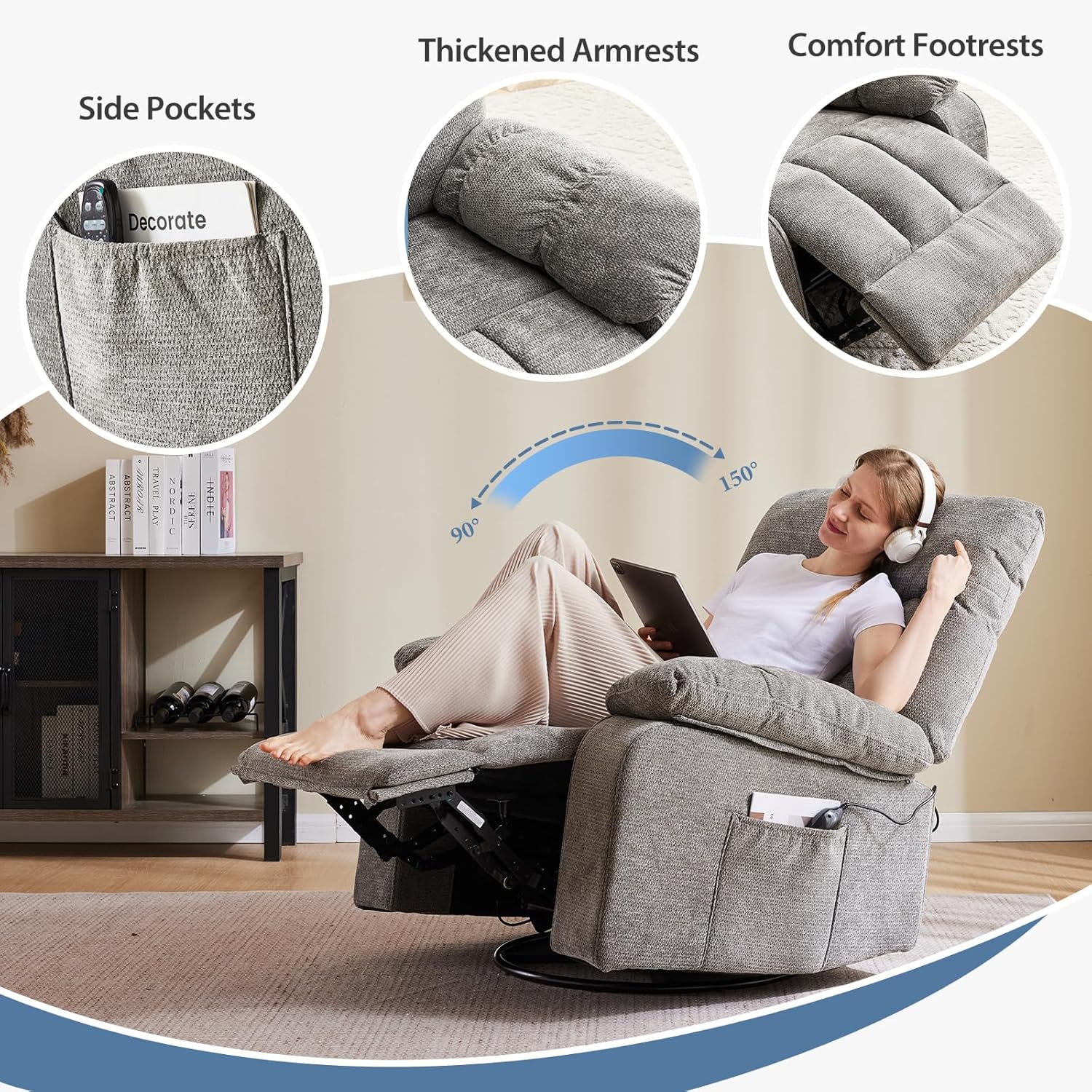 DUMOS Rocker Recliner Chair, Swivel Recliner with Vibration Massage & Lumbar Heating, 270° Rotating Chenille Fabric Recliner with footrest for Living Room & Bedroom, Grey