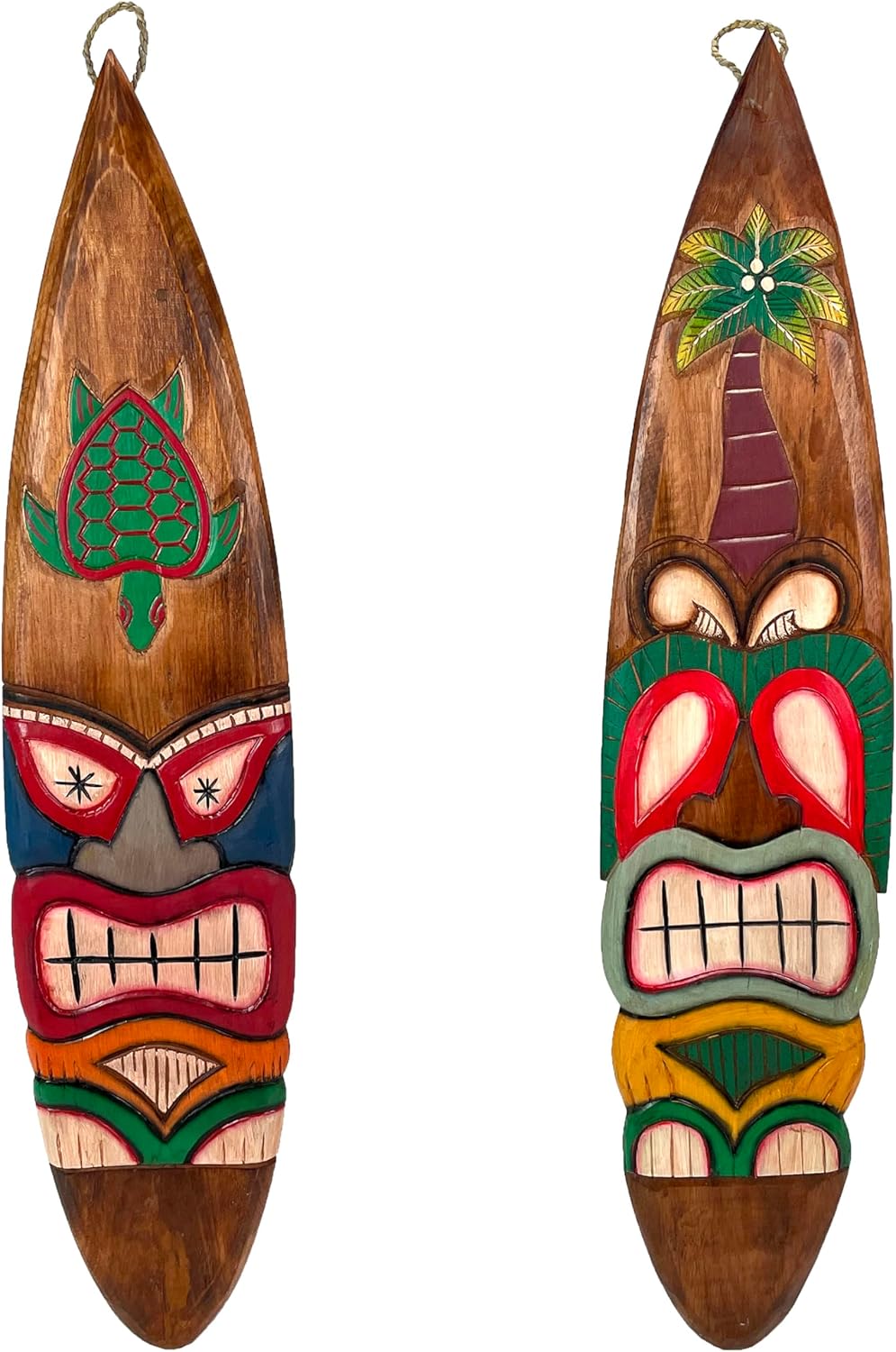 Set of 2 Wooden Tiki Surfboard Wall Decor, 39" Hand-Carved Surfboards with Sea Turtle and Palm Tree Designs, Hand-Painted Tropical Wall Art, Coastal Beach House Accent, Rustic Bar or Patio Hanging