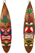 Set of 2 Wooden Tiki Surfboard Wall Decor, 39" Hand-Carved Surfboards with Sea Turtle and Palm Tree Designs, Hand-Painted Tropical Wall Art, Coastal Beach House Accent, Rustic Bar or Patio Hanging