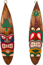 Set of 2 Wooden Tiki Surfboard Wall Decor, 39" Hand-Carved Surfboards with Sea Turtle and Palm Tree Designs, Hand-Painted Tropical Wall Art, Coastal Beach House Accent, Rustic Bar or Patio Hanging