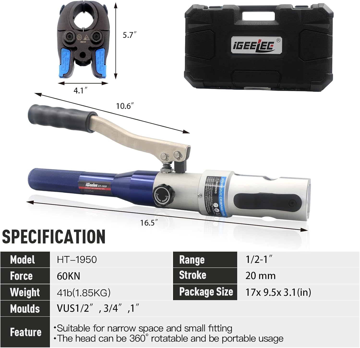 Hydraulic Copper Pipe Press Tool for Viega ProPress Fittings | Includes 1/2", 3/4", & 1" Dies | Ideal for Narrow Spaces & Tee Fittings | Includes 1 Set of Dies (1950)