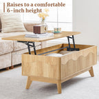 BERRYMERRY Lift Top Coffee Table with Hidden Storage, Farmhouse Fluted Coffee Table with Wave Profile, Rising Top Rectangular Center Table for Living Room (Natural Oak)