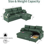 Sectional Sleeper Sofa with Pull Out Couch Bed, with Storage Chaise for Living Room, Comfy Linen Modular Sectional Sofa with Dual USB & Type-C, Cup Holders (Green, 81 Inches)