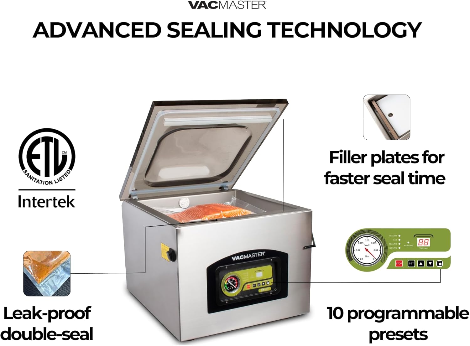 Vacmaster VP320 Commercial Countertop Chamber Vacuum Sealer Machine, ½ HP Oil Pump, 16” Seal Bar, 10 Programmable Settings, Large Vacuum Food Sealer Machine for Liquids, Meats & Sous Vide