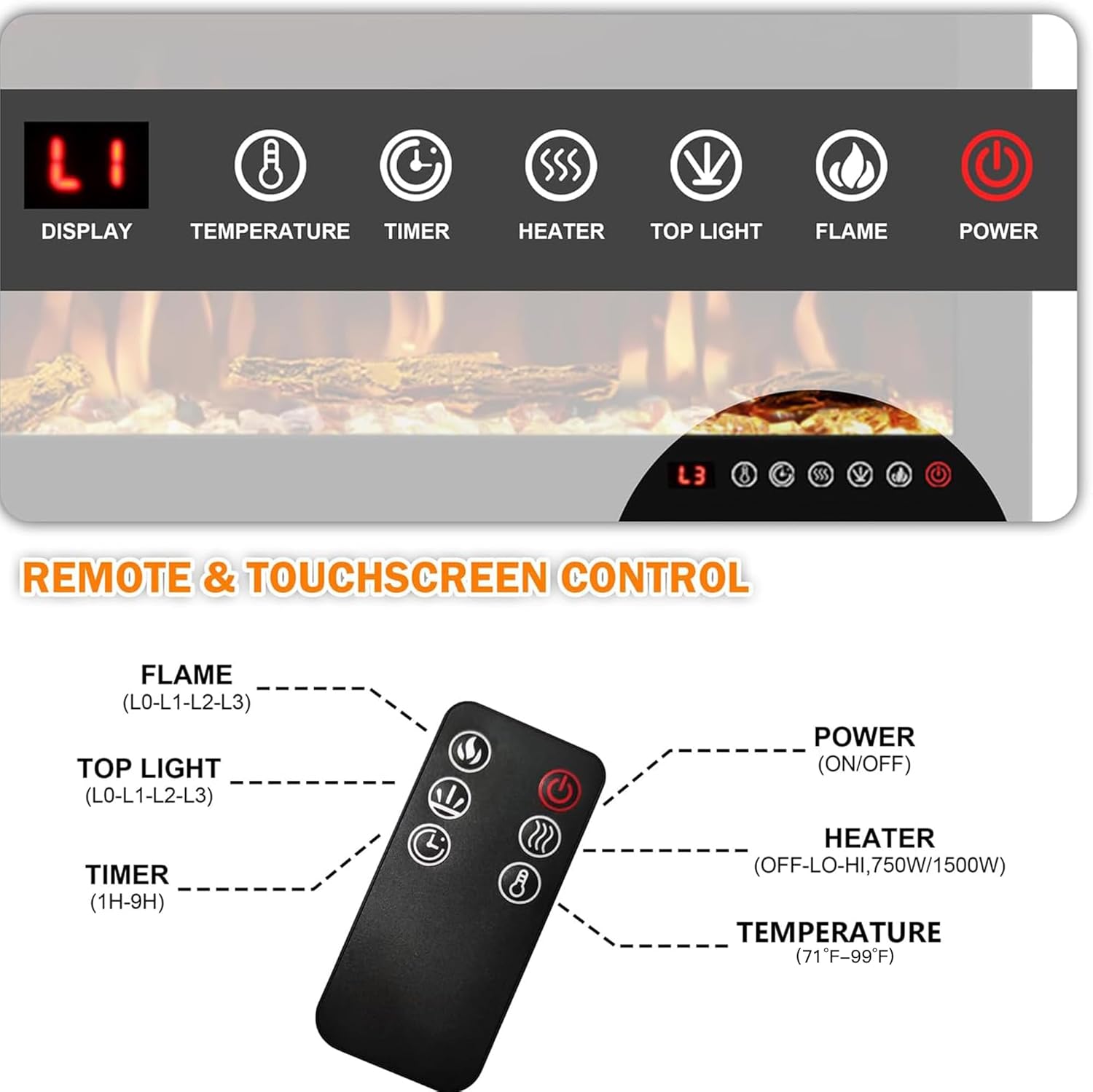 60 Inch Slim Electric Fireplace, Recessed in‑Wall or Wall Mounted, Ultra‑Narrow Frame, Realistic LED Flames with 3 Flame Colors & 3 Top Light Colors, Remote Control, Timer