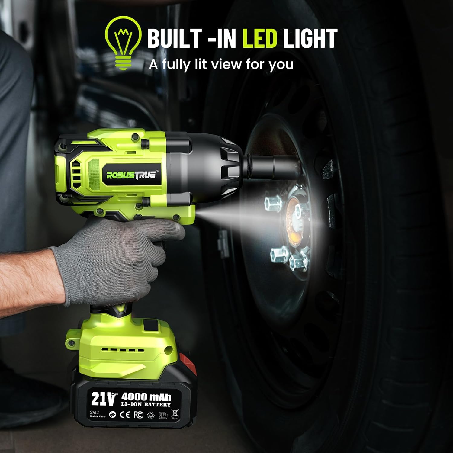 Robustrue Cordless Impact Wrench, 885Ft-lbs (1200N.m) 1/2" Brushless Impact Gun, 21V High Torque Power Impact Driver, 2x4.0Ah Batteries Electric Impact Motor Variable Speeds for Car/Truck RV/Mower