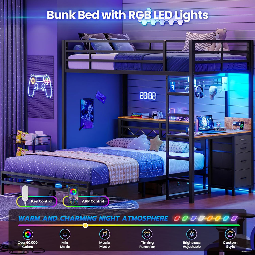 DICTAC Twin Over Full Bunk Bed with Desk,Led Lights and 4 Drawers,Metal Bunk Beds with Storage Headboard and Charging Station,L-Shaped bunk Bed for Kids/Teen with Safety Guardrail and Ladder,Black