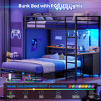 DICTAC Twin Over Full Bunk Bed with Desk,Led Lights and 4 Drawers,Metal Bunk Beds with Storage Headboard and Charging Station,L-Shaped bunk Bed for Kids/Teen with Safety Guardrail and Ladder,Black