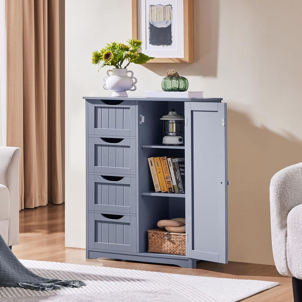 Yaheetech Large Bathroom Storage Cabinet, Freestanding Floor Cabinet with 4 Dawers and 1 Door, Adjustable Shelf, Bathroom Storage Organizer with 3 Shelves, for Living Room Kitchen Hallway, Gray