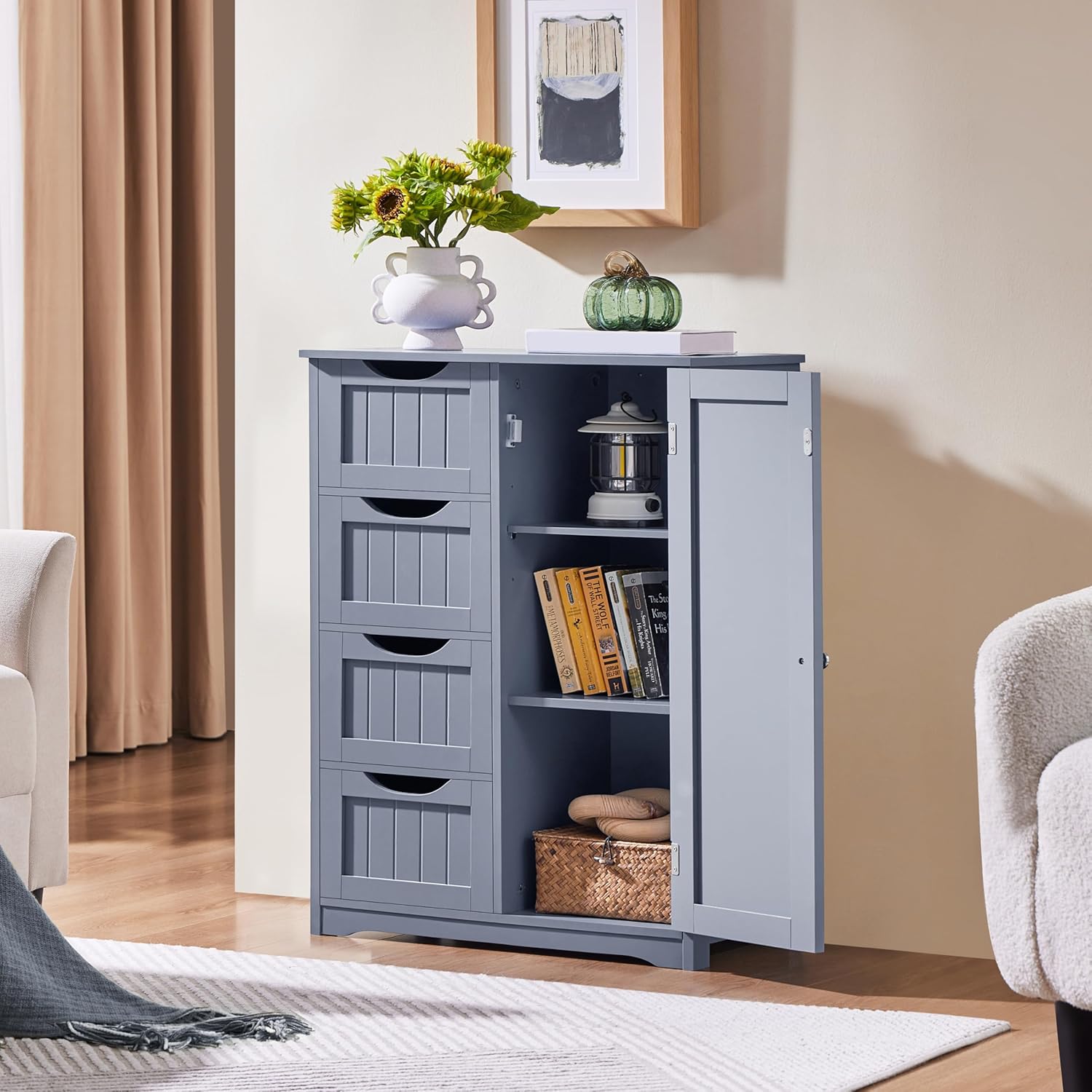 Yaheetech Large Bathroom Storage Cabinet, Freestanding Floor Cabinet with 4 Dawers and 1 Door, Adjustable Shelf, Bathroom Storage Organizer with 3 Shelves, for Living Room Kitchen Hallway, Gray