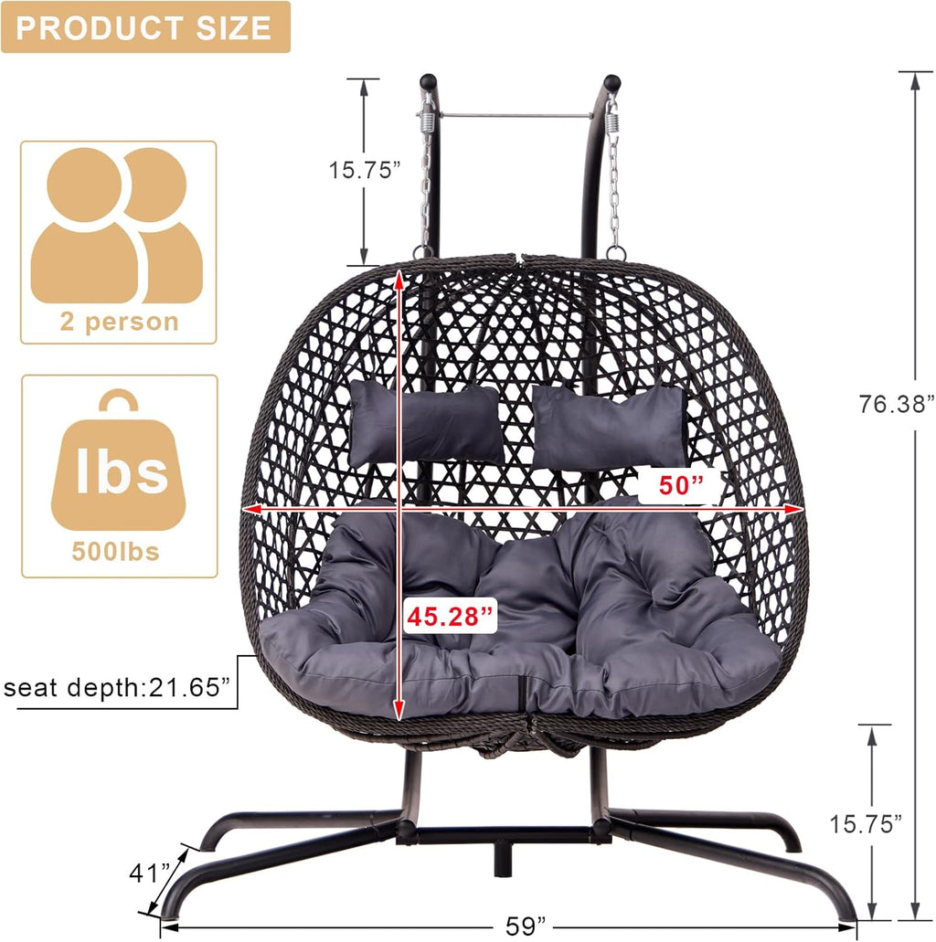 Double Hanging Swing Egg Chair with Stand, Hexagon Wicker Hammock Swing Chair for Outdoor Garden Patio, 2 Person Egg Chair with Foldable Loveseat Removable Cushions (Dark Grey)
