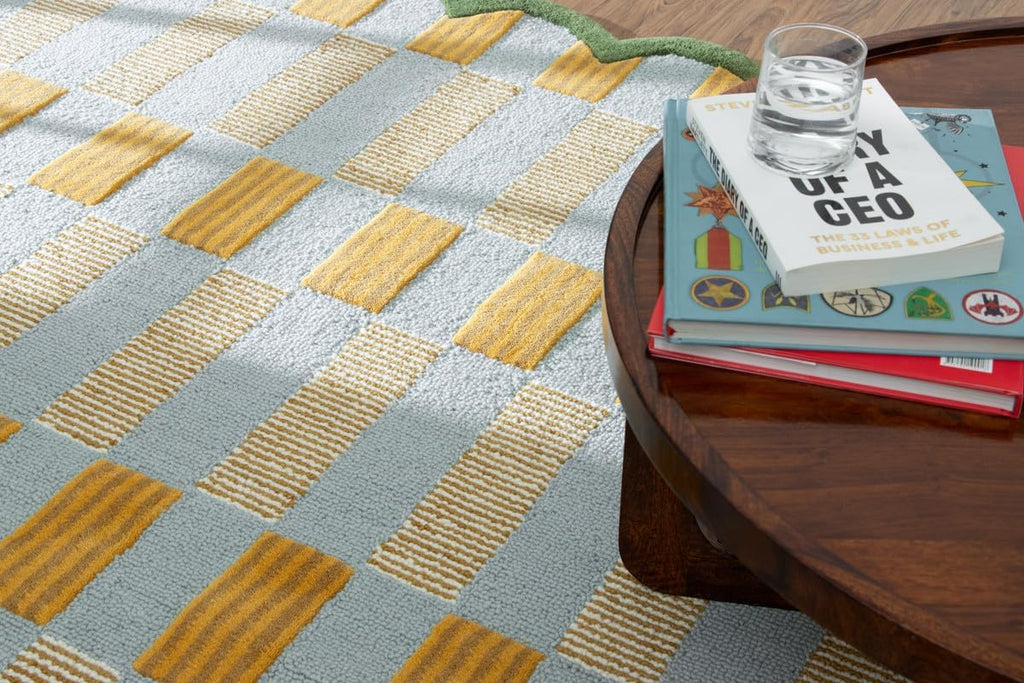 Checkered Hand-Tufted 100% Wool Area Rug - 5x8 Ft, Rectangular Light Blue Base with Mustard and Beige Blocks, Olive Green Scalloped Edge, Cotton Backing Plush Carpet for Bedroom & Nursery