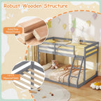 KOMFOTT Low Bunk Bed Twin Over Full, Solid Wood Twin Bed Frame with Built-in Ladder & Safety Guardrails, Space-Saving Low Bunk Bed for Kids, Teens, No Box Spring Needed
