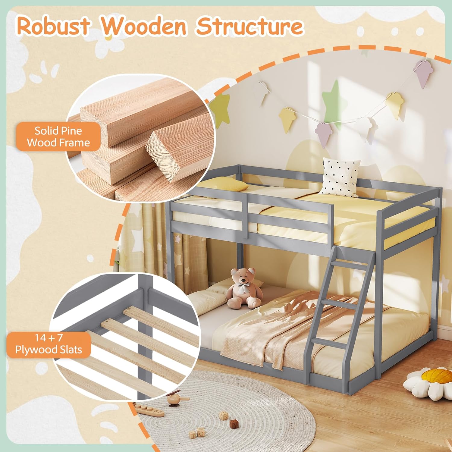 KOMFOTT Low Bunk Bed Twin Over Full, Solid Wood Twin Bed Frame with Built-in Ladder & Safety Guardrails, Space-Saving Low Bunk Bed for Kids, Teens, No Box Spring Needed