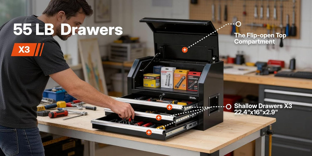 26" Rolling Tool Chest with 3 Drawers - Tool Box with Ball Bearing Slides, Lift-Latch Handles, Drawer Lock Mechanism, Flip-Open Top Compartment, Slip-Resistant Liners for Garage and Workshop Storage