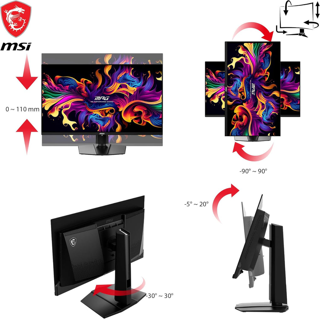 msi MAG 271QPX QD-OLED  27 OLED Gaming Monitor  2560 x 1440 (QHD)  0.03ms Response time  360Hz  True Black HDR 400  HDMI  DP Port  USB Type C  Tilt  Height  Black