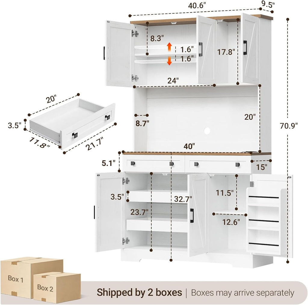 71" Kitchen Pantry Cabinet with Charging Station & LED Lights, Tall Kitchen Storage Cabinet with Hutch Coffee Bar, Farmhouse Pantry with Door Shelf & pull out Shelf for Dining Room Kitchen, White