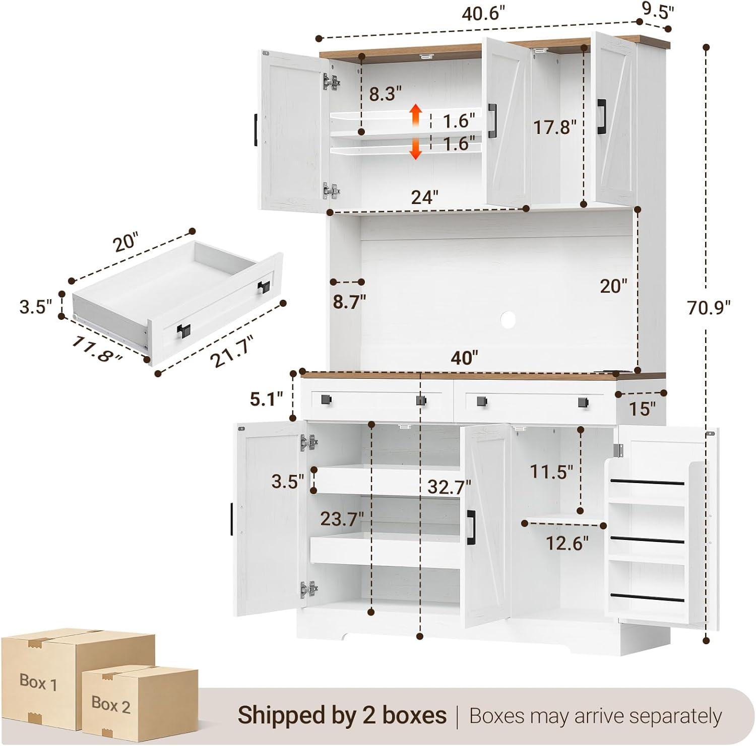71" Kitchen Pantry Cabinet with Charging Station & LED Lights, Tall Kitchen Storage Cabinet with Hutch Coffee Bar, Farmhouse Pantry with Door Shelf & pull out Shelf for Dining Room Kitchen, White