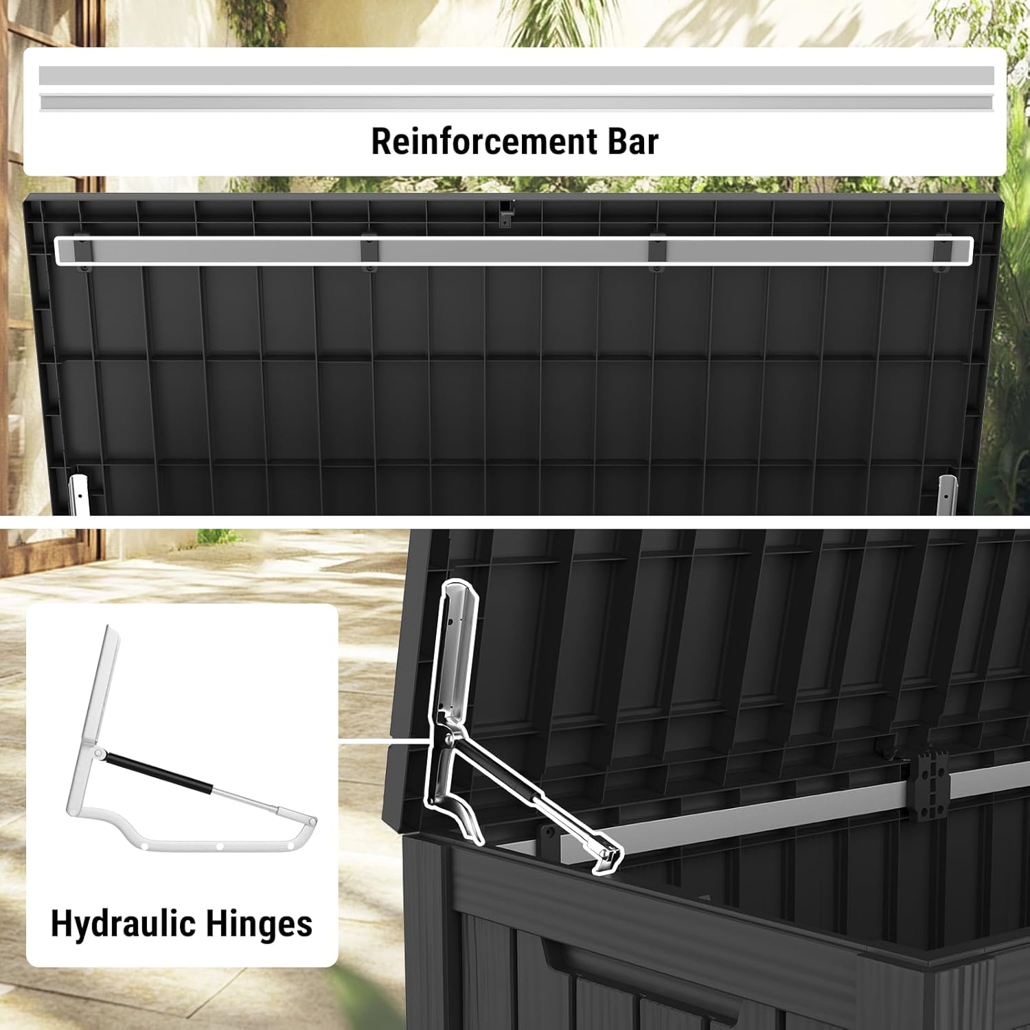 Mars Villa 150 Gallon Outdoor Storage Box, Large Resin Deck Box, Waterproof Storage Bin with Lockable Lid, Ideal for, Outdoor, Patio Furniture Cushions, Pool Supplies, Garden Tools, Black