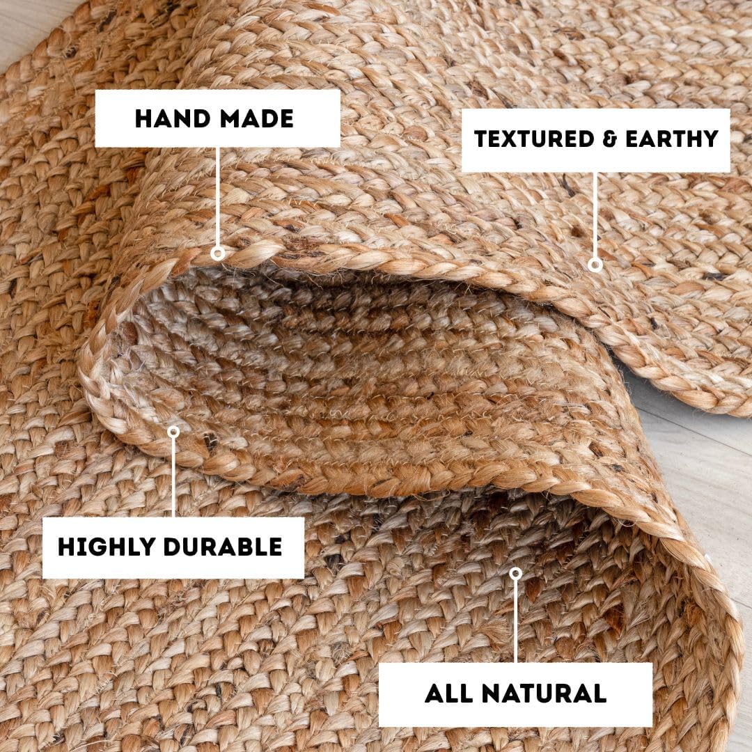 HOMEMONDE Solid Braided 8'x10' Jute Area Rug Natural - Eco Friendly Premium Fiber - Durable and Reversible Handwoven Farmhouse Rugs for Living Room, Hallway, Bedroom, Dinning Room, Kitchen, Office