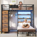 VIAGDO Bunk Bed Twin Over Twin with 5 Storage Drawers, Twin Bunk Beds with Charging Station and Lights, L-Shaped Metal Bunk Bed with Shelves, Bedside Pocket, Guardrail & Ladder for Kids, Teens, Black