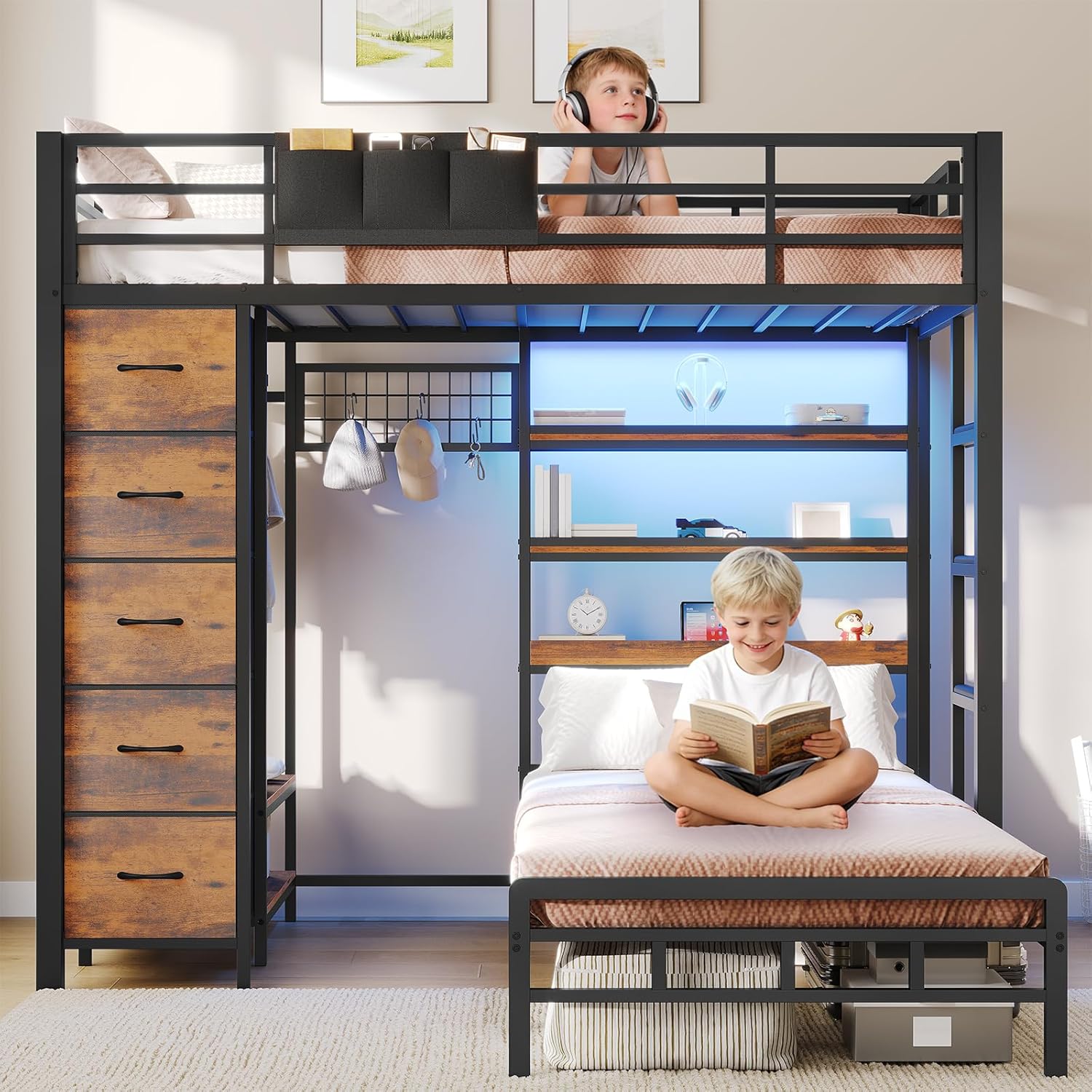 VIAGDO Bunk Bed Twin Over Twin with 5 Storage Drawers, Twin Bunk Beds with Charging Station and Lights, L-Shaped Metal Bunk Bed with Shelves, Bedside Pocket, Guardrail & Ladder for Kids, Teens, Black