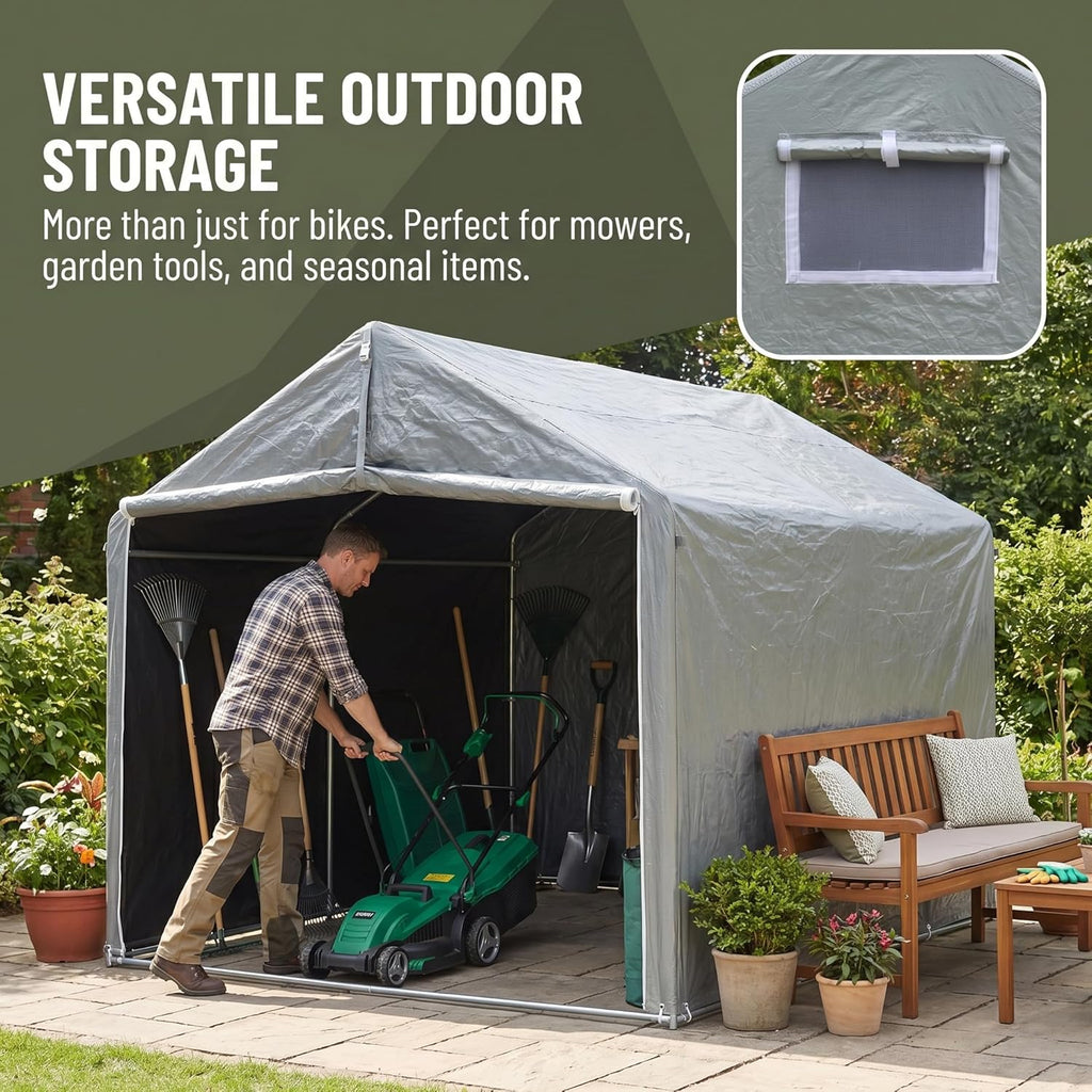 Bike Storage Shed Tent,8 * 6 * 6.2ft Outdoor Storage Shed, Carport, Canopy Shelter with 160g PE Fabric Coated with Silver Waterproof,Bike Covers Shelter for Bicycles,Garden Tools,Various Tools
